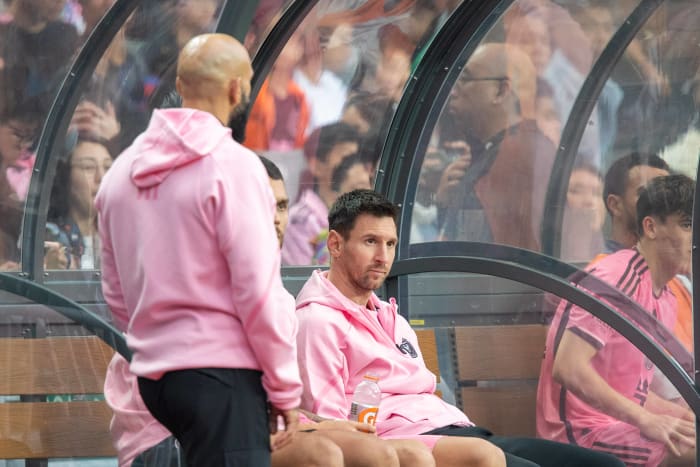 Lionel Messi pictured sitting on the bench during Inter Miami's 4-1 win over a Hong Kong XI in February 2024